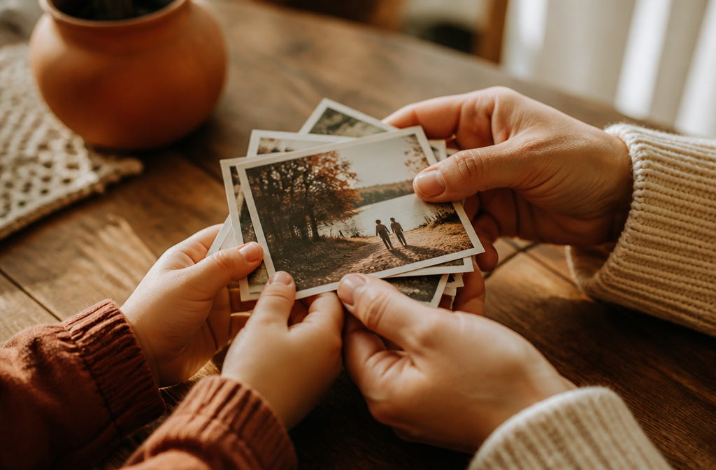 Parent and child hands holding printed photographs together